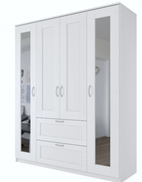 Шкаф четырехдверный Сириус с 2 зеркалами и 2 ящиками белый в Ужуре - uzhur.katalogmebeli.com | фото